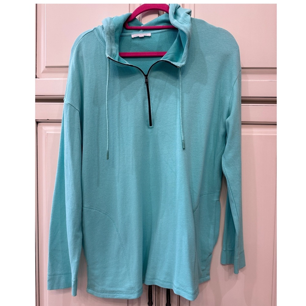 T by Talbots Womens Aqua Turquoise Waffle Knit Quarter Zip Hoodie Large